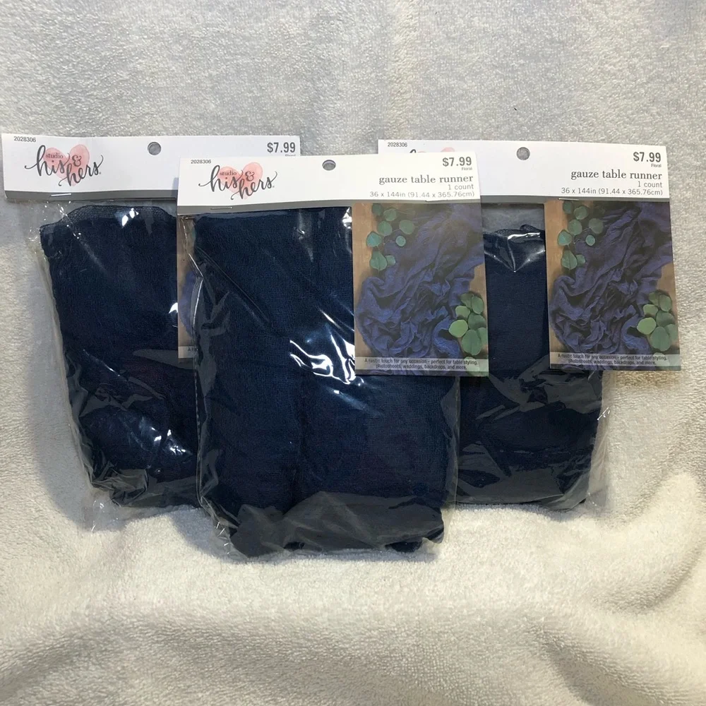 GAUZE TABLE RUNNERS, Navy Blue, 3 New In Package, 8 used once in ziploc